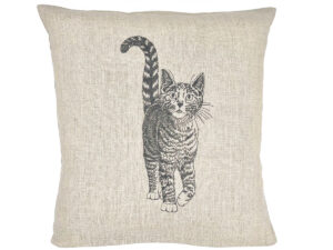 Coussin lin brodé chat tigré debout