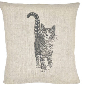 Coussin lin brodé chat tigré debout